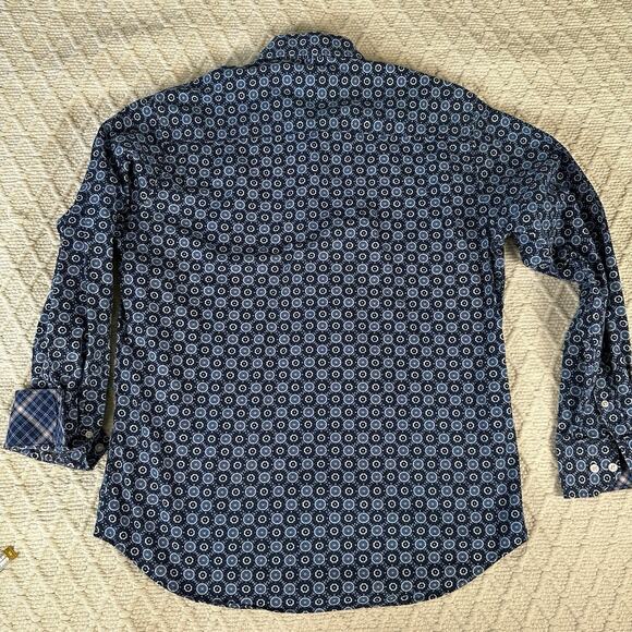 TailorByrd Men's M Geometric Floral Print Shirt Blue Flip Cuff Contrast Accents - Picture 6 of 8